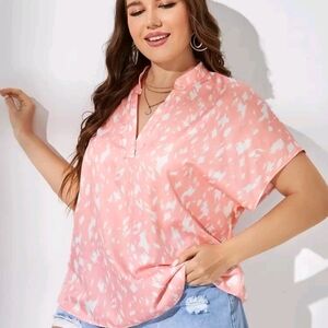 SHEIN 1XL Pink Abstract Blouse Short Sleeves
